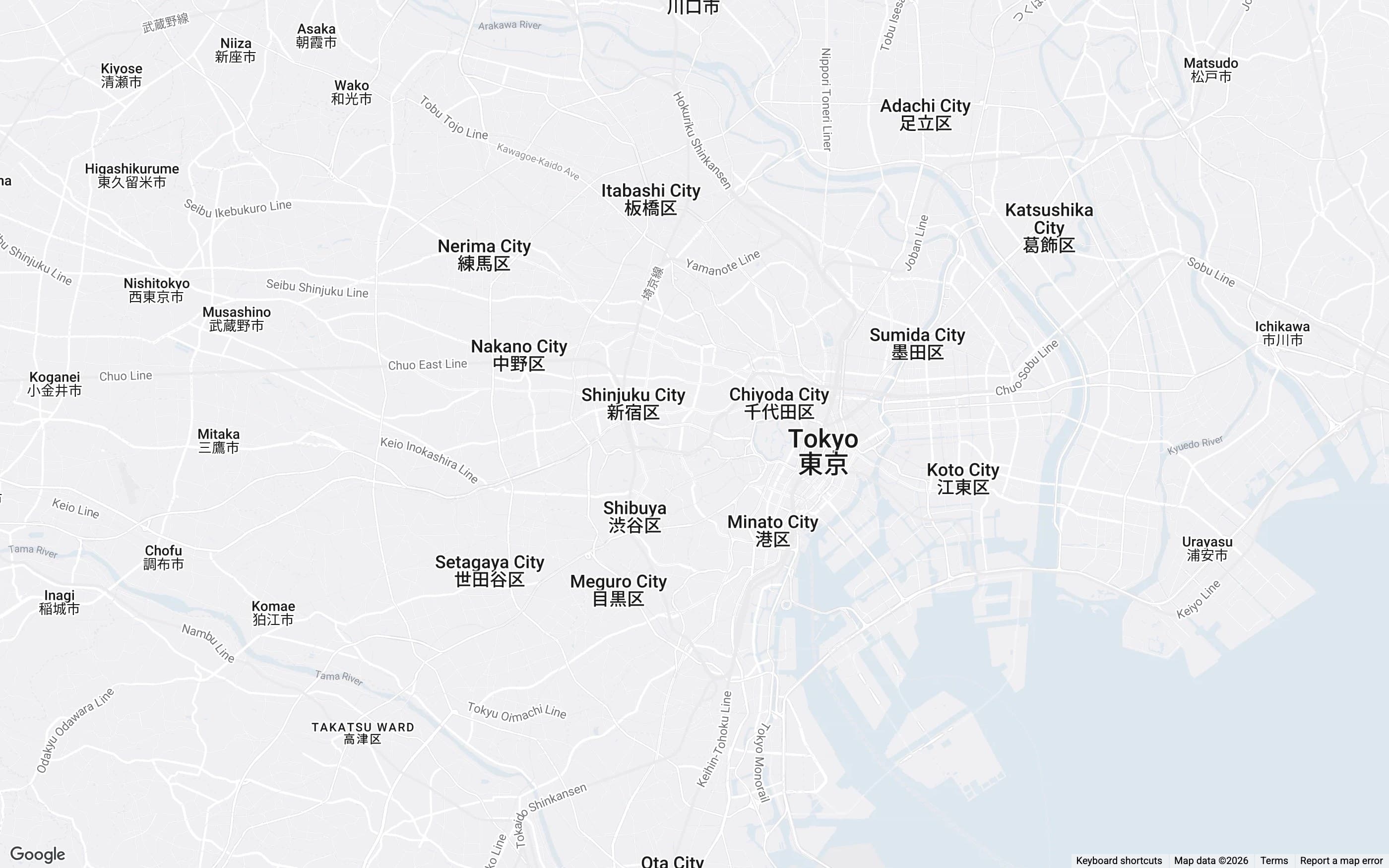 Google Maps view of Tokyo showing Shinjuku, Shibuya, Asakusa and Ebisu