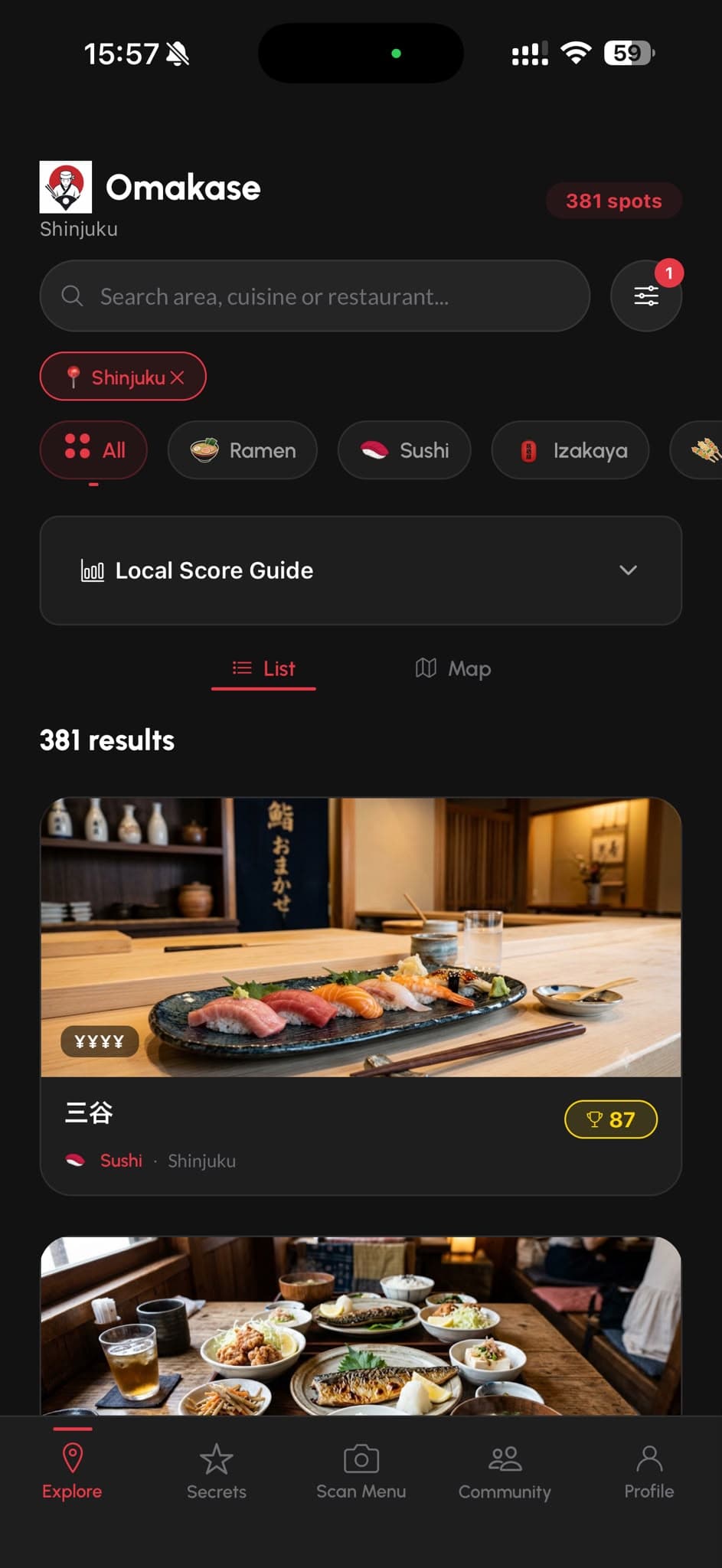 Explore screen with ranked Tokyo restaurants
