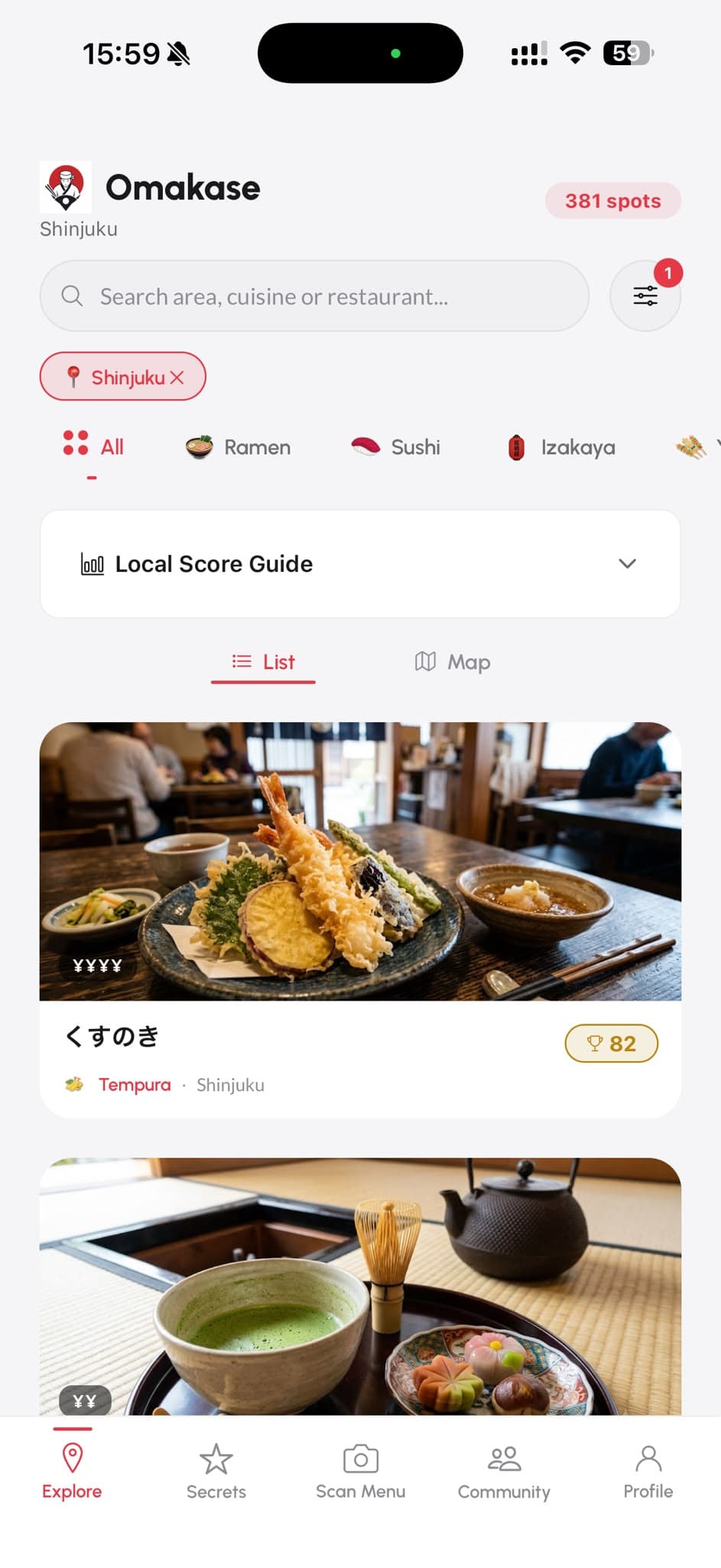 Omakase GO explore screen with ranked Tokyo restaurants