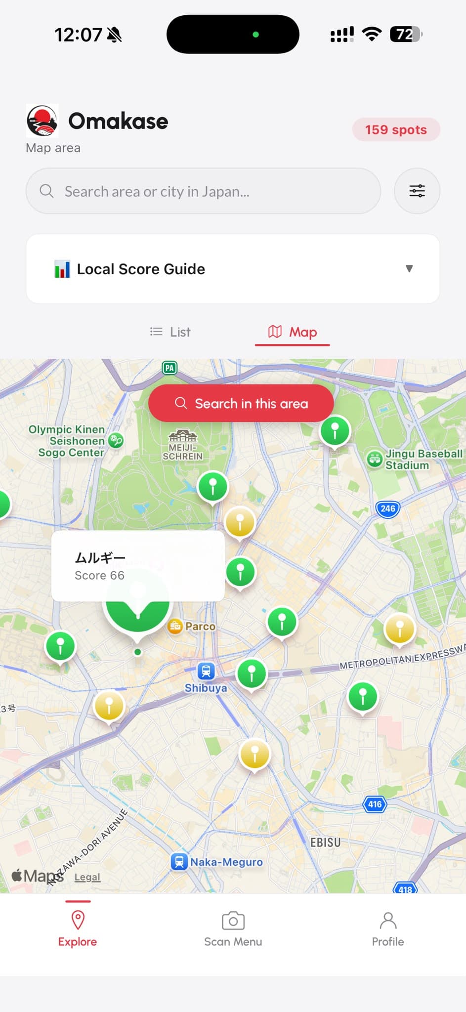 Map view with Local Score pins across Tokyo